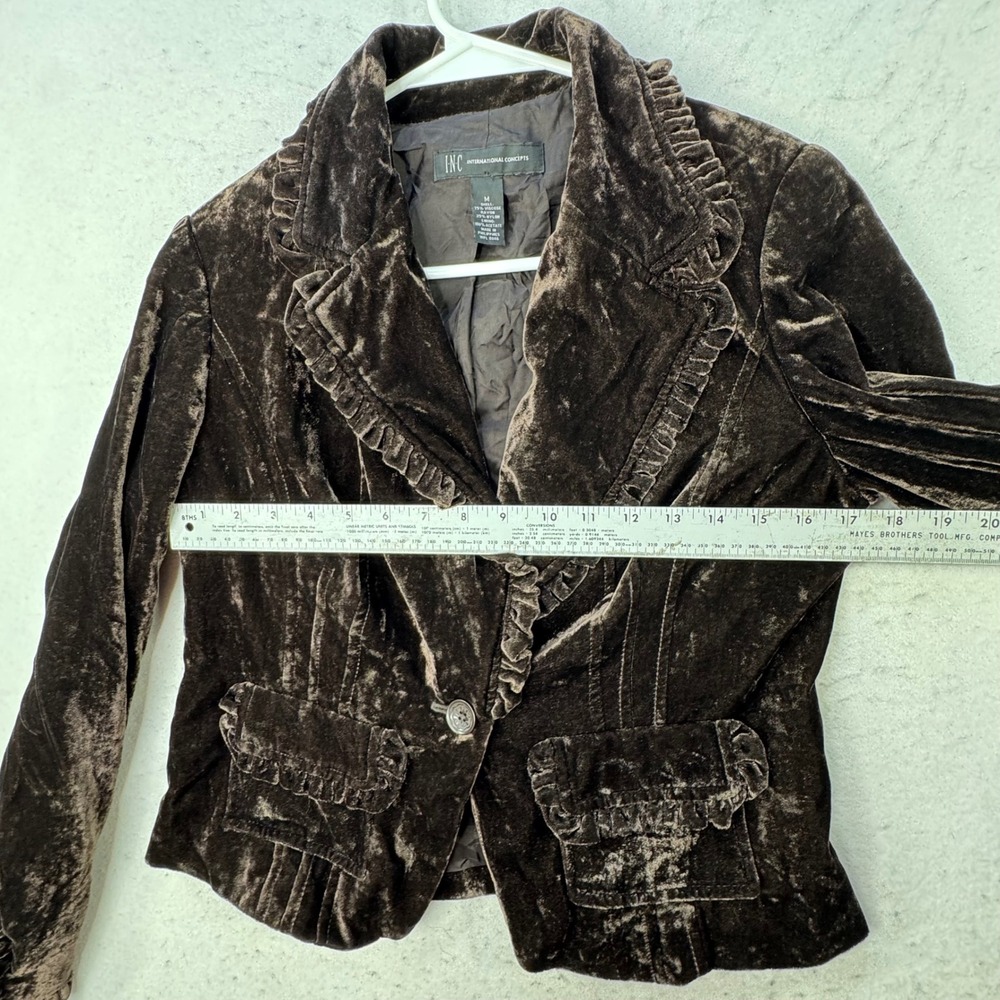 INC Velvet Blazer Womens Medium Brown Ruffle Trim Victorian Goth Jacket - Picture 5 of 13